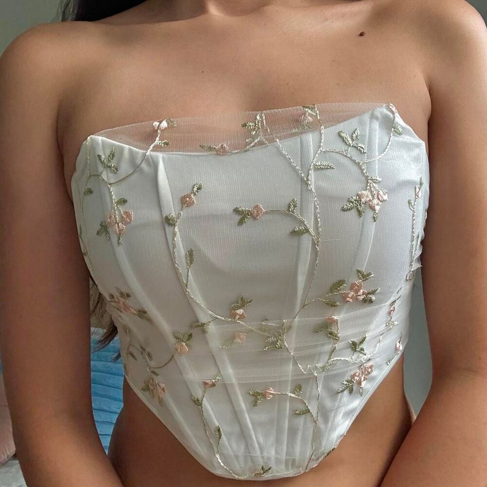 White Floral Embroidered Mesh Corset Top